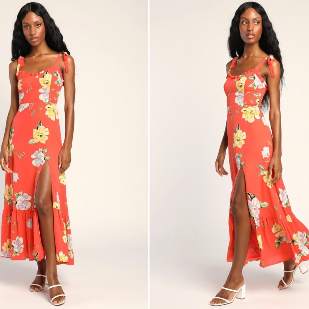 Lulu's - Forever Floral Orange Floral Print Tie-Strap Slit Maxi Dress - S